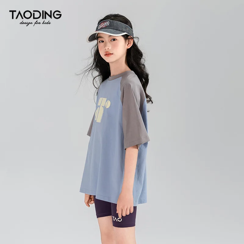 女の赤ちゃんのための半袖Tシャツ,夏のトップ,中型,山のプリント,綿,対照的,2024