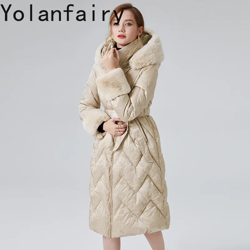Yolanfairy longo puffer jaqueta para mulher inverno elegante rendas com capuz pão pato branco para baixo casacos mulher gola de pele de coelho parka