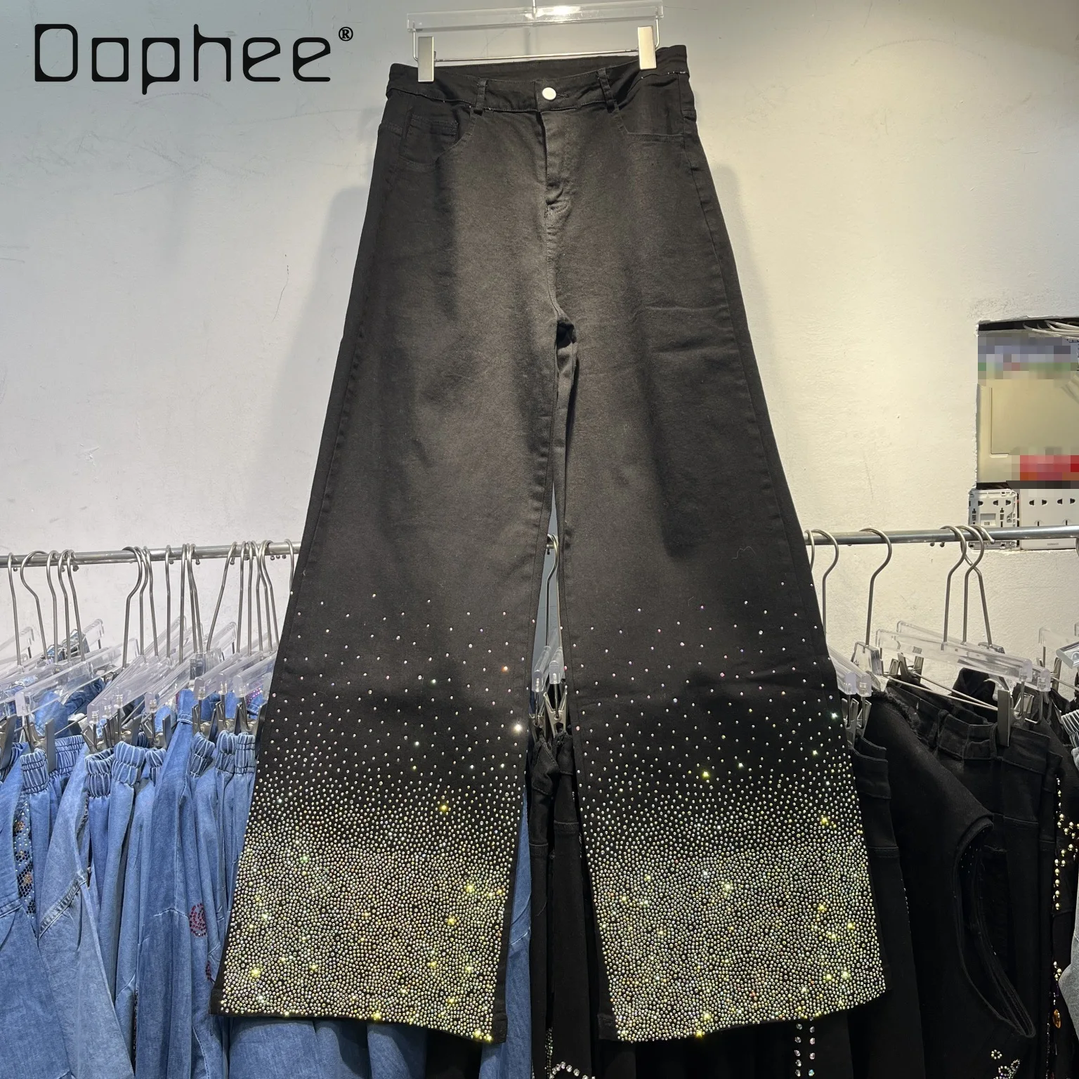 

2025 осень зима новые тяжелые черные джинсовые широкие брюки со стразами и высокой талией для похудения тяжелые свободные женские длинные брюки большого размера