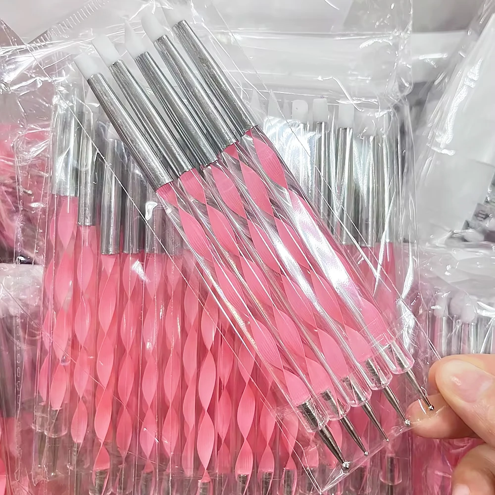 5 ชิ้น/เซ็ต 2 Way Double Headed ซิลิโคนดอกไม้เล็บปากกาสีชมพูสแตนเลส Dotting ปากกา DIY ภาพวาดเล็บเครื่องมือ