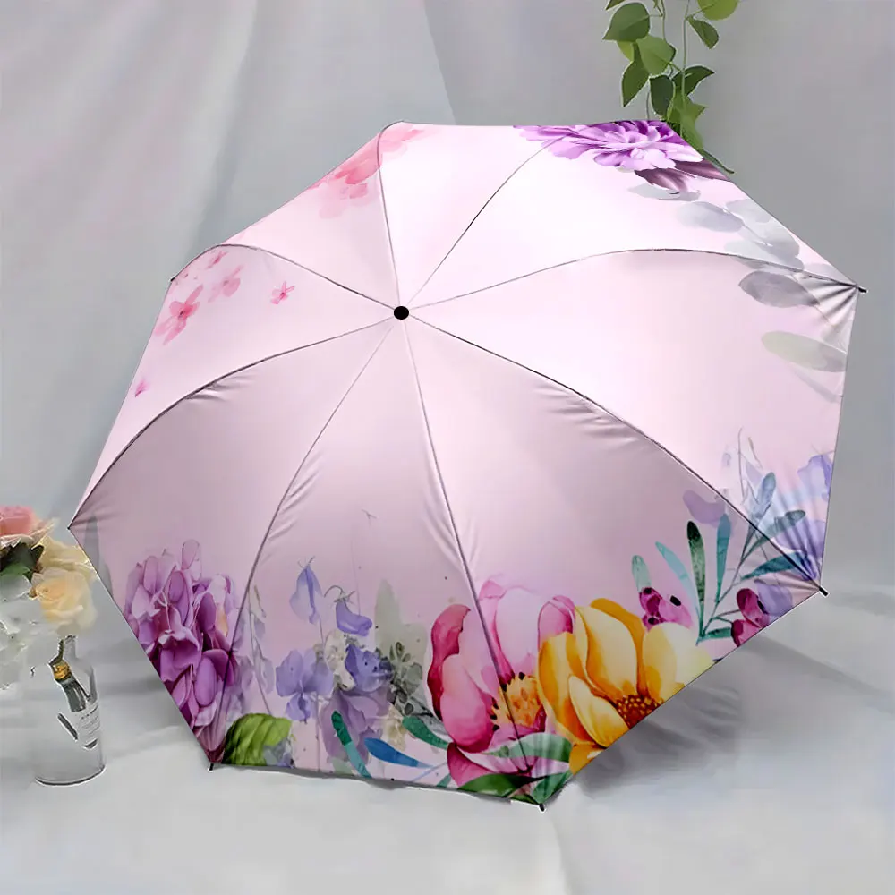 1PC Floral Pink Umbrella with Colorful Design for Indoors Print 8 Iron Ribs Folding Umbrella Auto-Open Fashion Sunshade