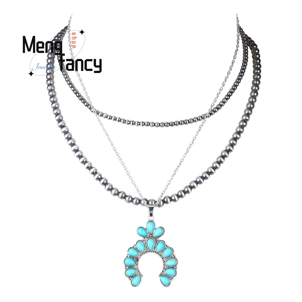 

Bohemian-Style Retro Turquoise Multi-Layer Necklace, Personalized Geometric Pendant Necklace For Women Fashion Jewelry Exquisite