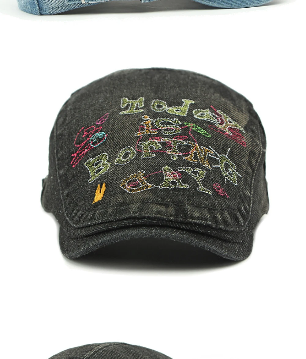 HT4739 Hochwertige Bestickte Buchstaben-Denim-Baskenmütze für Herren und Damen, Retro Künstler-Malermütze, Herren- und Damen-Ivy-Flatcap, Baskenmützen – Detail 9