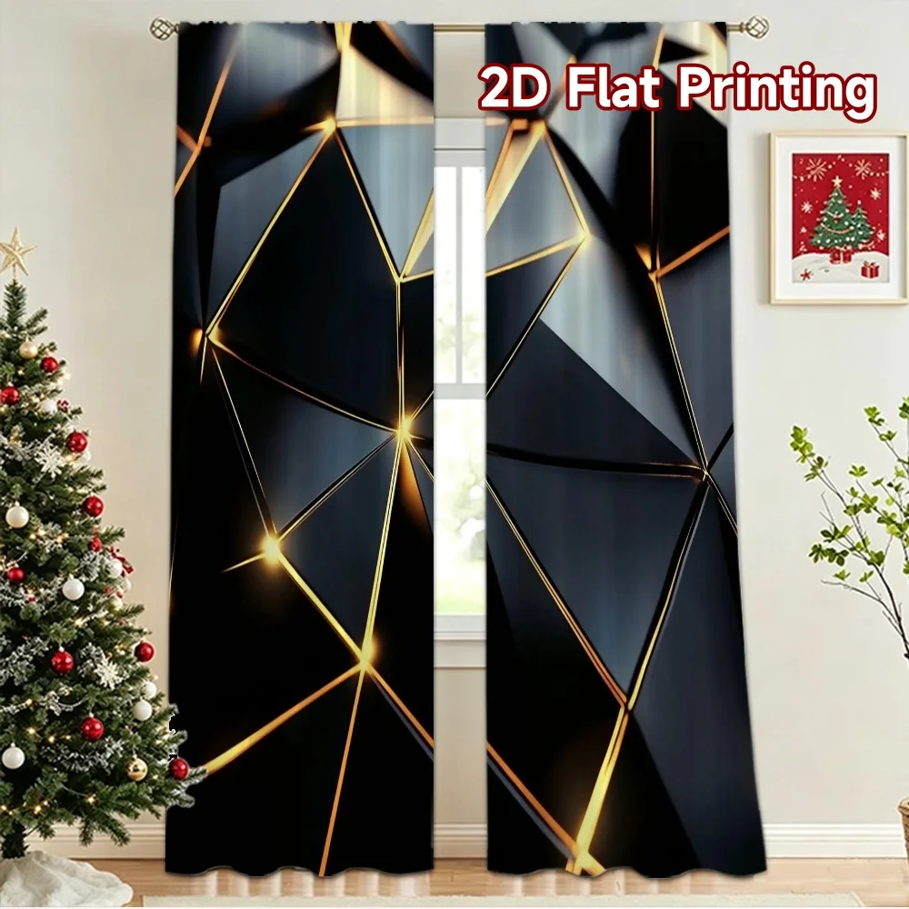 2D flat 2pcs Curtain French Romantic Style Black Gold Geometric Facets Digitally printed polyester, colorfast Festive Curtains