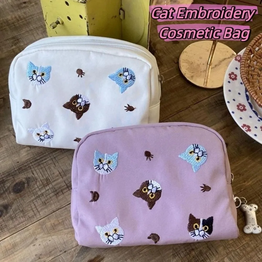 

Cute Cat Embroidery Cosmetic Bag Embroidered Cartoon Lipstick Organizer Cases Cat Printed Storage Bag Nylon Makeup Bag Women