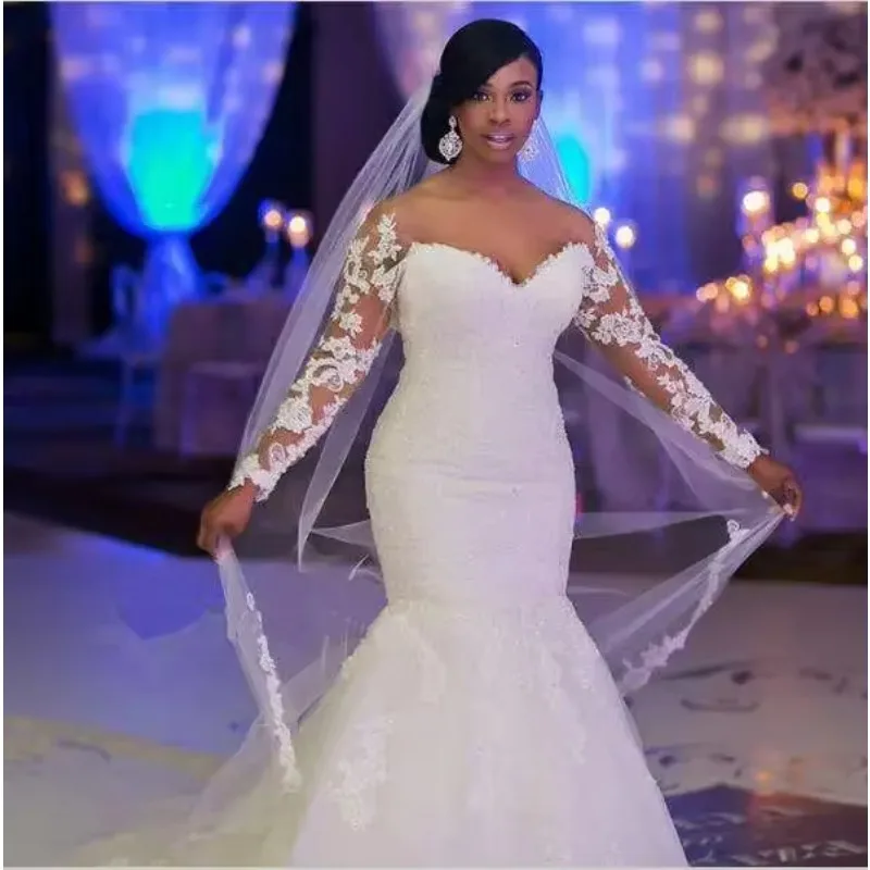 Customized Elegant Sweet Heart Long Sleeve Wrapped Waistline Lace Mermaid Wedding Dress Bridal Gown Vestido De Noiva