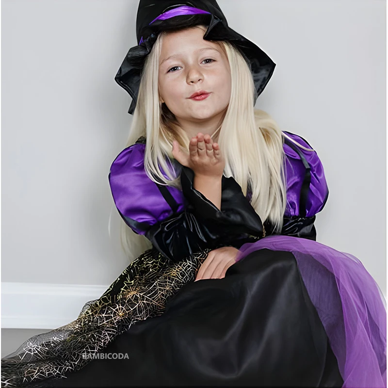 Sparkly Witch Halloween Costumes for Girls Led Light up Purple Long Dress for Kids Carnival Cosplay Outfit with Broom Hat