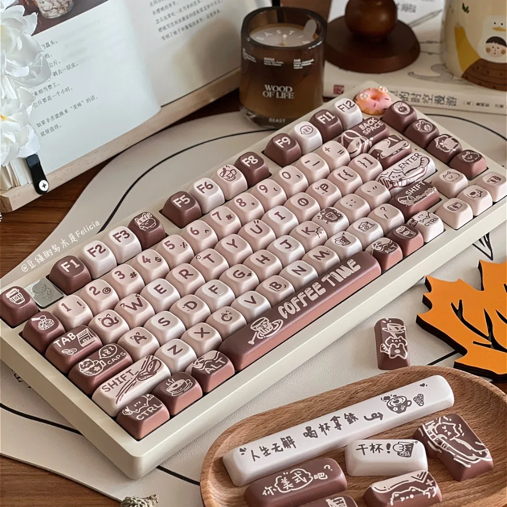 Latte Meow Coffee Meow, Keycap FOA Sublimation, Small Full Set, Girl Cute Personality Mechanical Keyboard, Customized