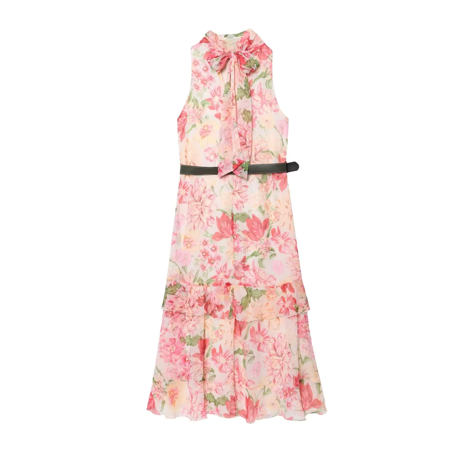 Vestido midi casual feminino com decoração em camadas impressa e cinto fashion elegante vestido de festa sem mangas 3713359