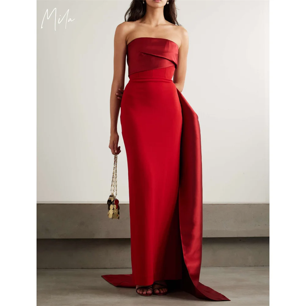 

Mila Rich Red Strapless Customized Party Dresses Elegant Sleeveless Asymmetrical Prom Dress Sexy Ruched BodiceEvening Dresses