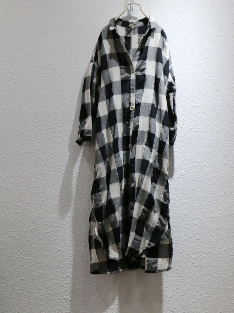 

Новый дизайн: длинная женская рубашка из хлопка и льна, винтажная, свободного кроя, в клетку, ветровка, весна-лето, модная.