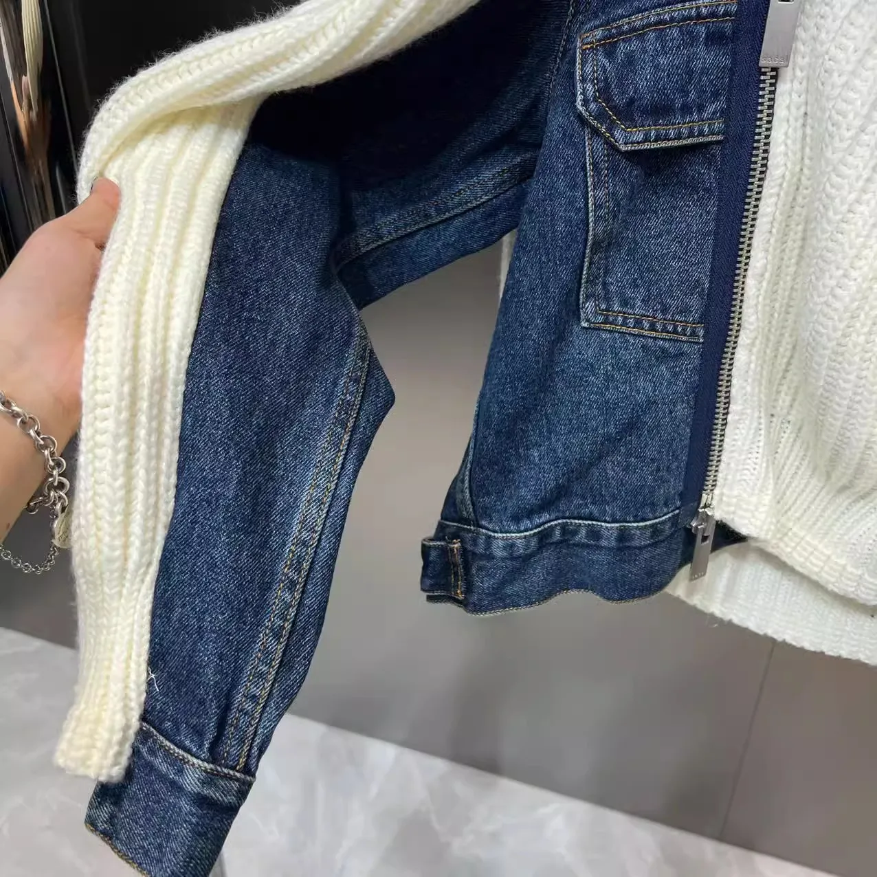 2023 autunno nuovo colletto rovesciato manica lunga Patchwork lavorato a maglia cerniera in Denim falso due pezzi giacche eleganti per le donne Y4400