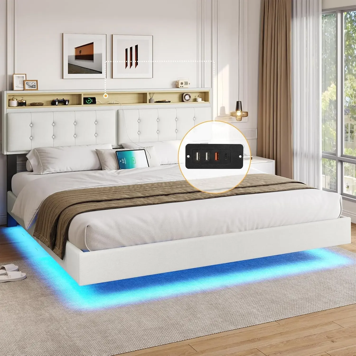 King Floating Bed Frame with Led Lights and Charging Station Modern King Size Visual Floating Platform Bed with Storage Headboar