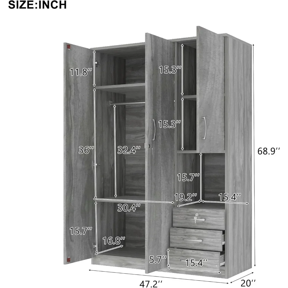 2-Doors Wooden Wardrobe Storage for Bedroom| Armoire with Multi Shelves and 3 Drawers| Gray