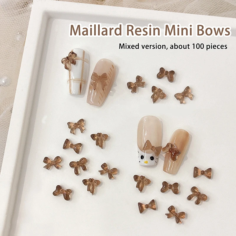 100PCS Warm Winter Autumn Ornaments Maillard Transparent Coffee Color Mini Bow Tie Resin Nail Art Rhinestones Decoration