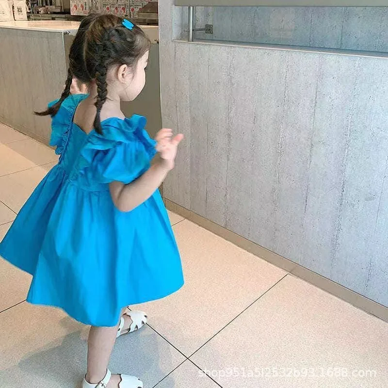 Dress Short Sleeve Knee Length O-neck Collar Solid Simple Beautiful Fashion Modern Colorful Comfortable Summer Children Girls