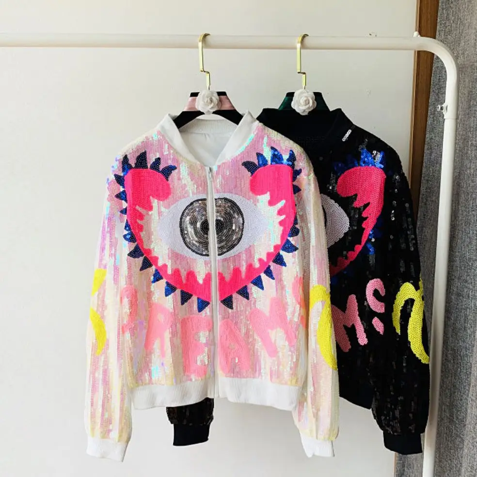 CHIC Ins Streetwear Punk Cartoon Eye Bling Sequined Women Jacket Hip Hop Girl Colorful Baseball Bomber Zipper Top Show Outerwear