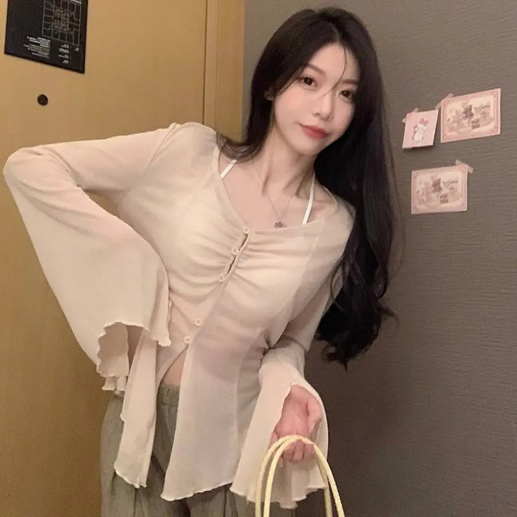 

Pure Black V-Neck Cardigan Women's Summer Thin Design Long Sleeve Top Official Figure Real-Price Fashion