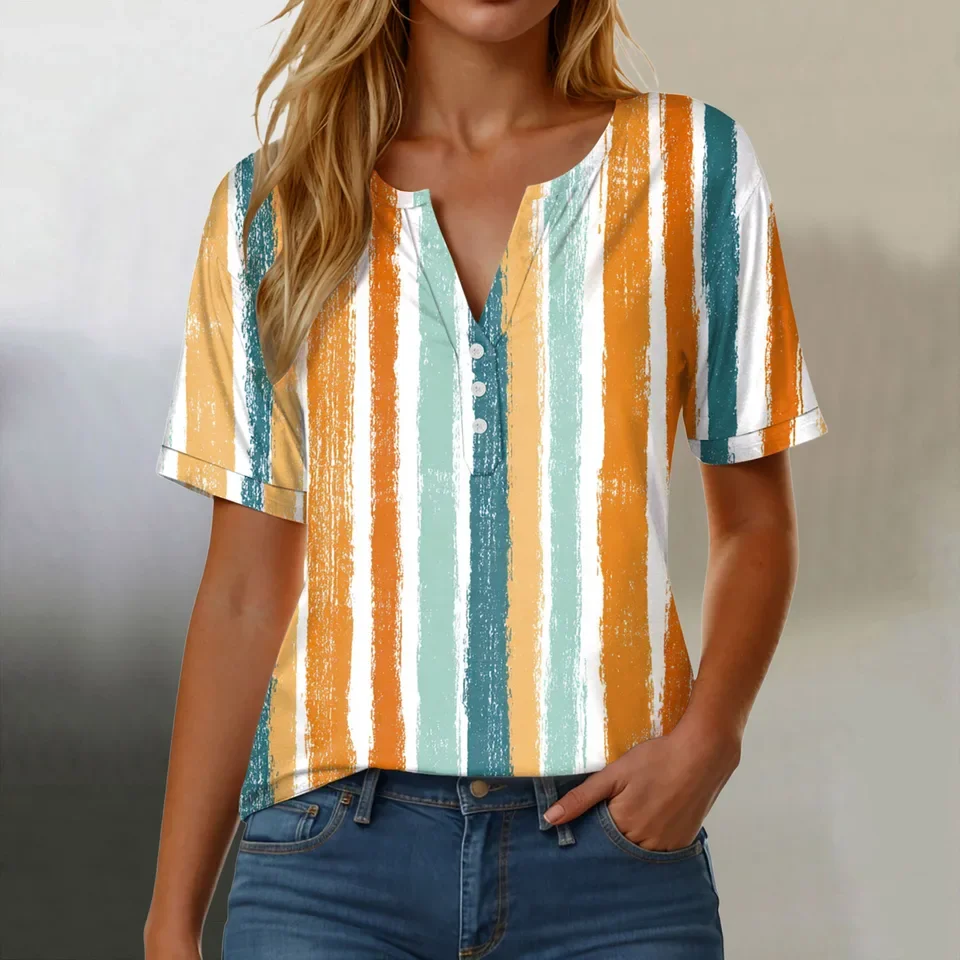 Womens Short Sleeve T-Shirts Fashion Printed V Neck Button T Shirt Female Loose Tunic Tops Summer New Casual Daily Clothes