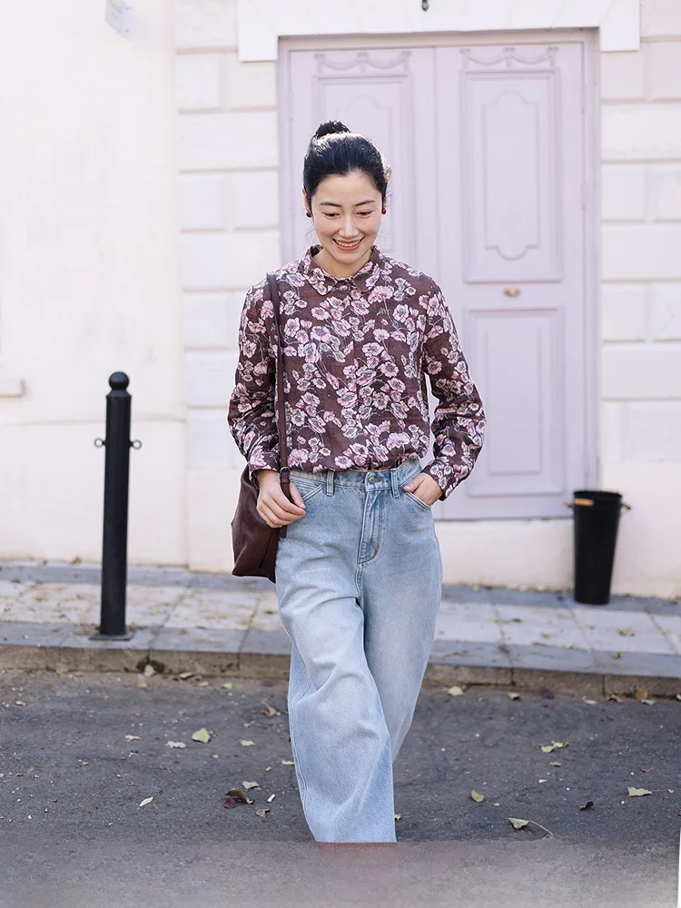 

Blossom 029 Bloom Right Away Floral Print Long Sve Cotton irt Women's Spring Casual Loose Fit Breathable Comfortable