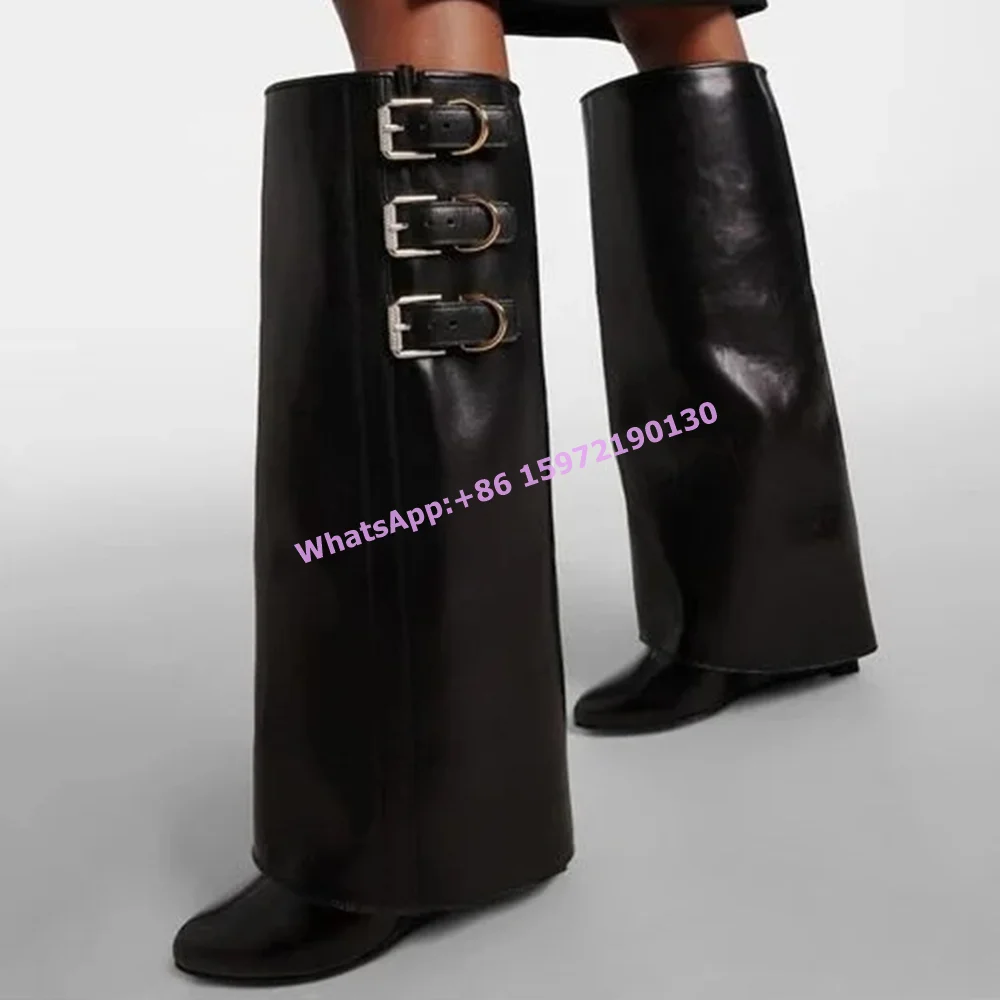 

Wedges Buckle Belt Boots Round Toe Slip On Solid Black Knee High Boots Women's Winter Runway Turned-Over Edges Knee High Boots