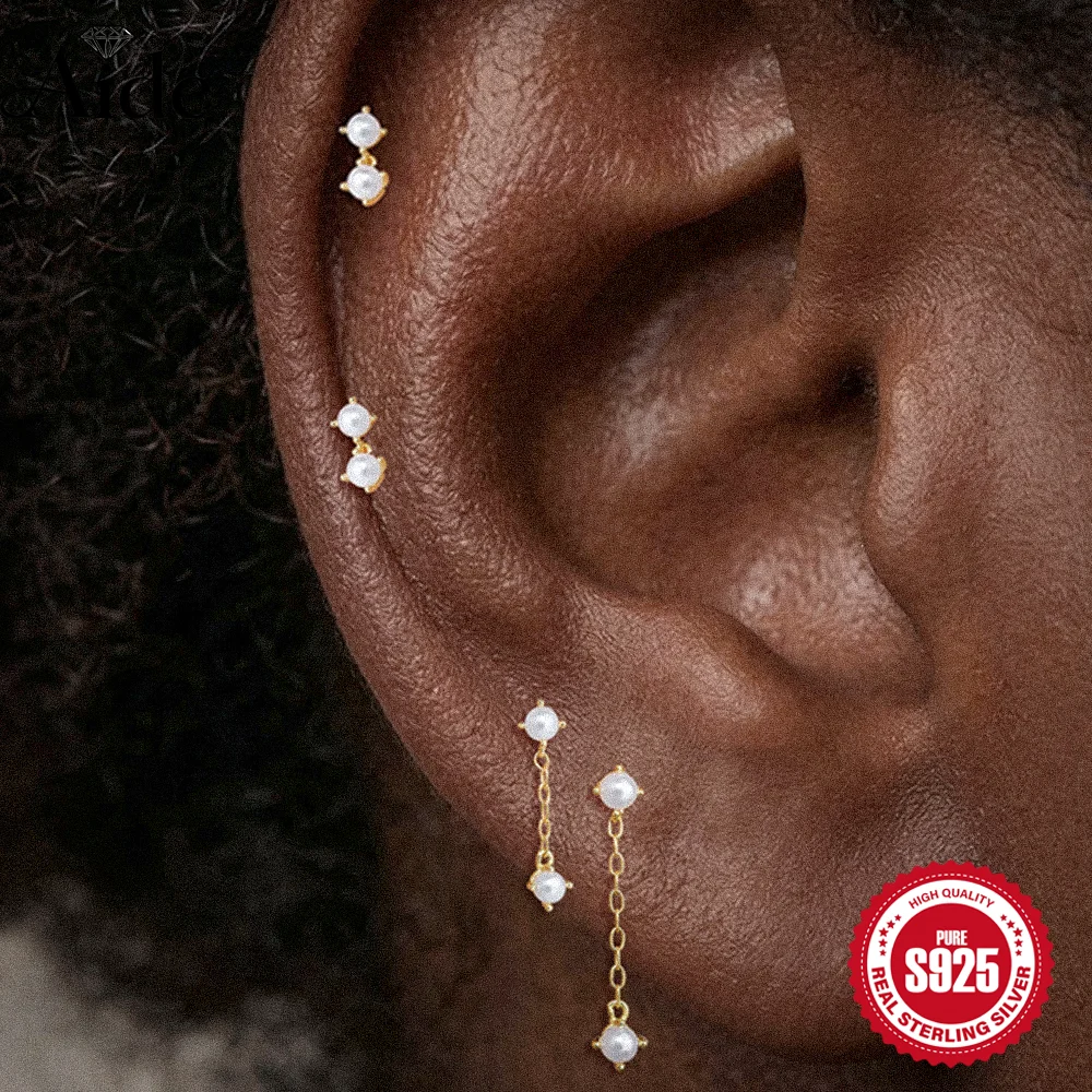 AIDE 925 Sterling Silver Classic Double Pearl Chain Tassel Flat Back Piercing for Women INS Dainty Luxury Jewelry Gifts