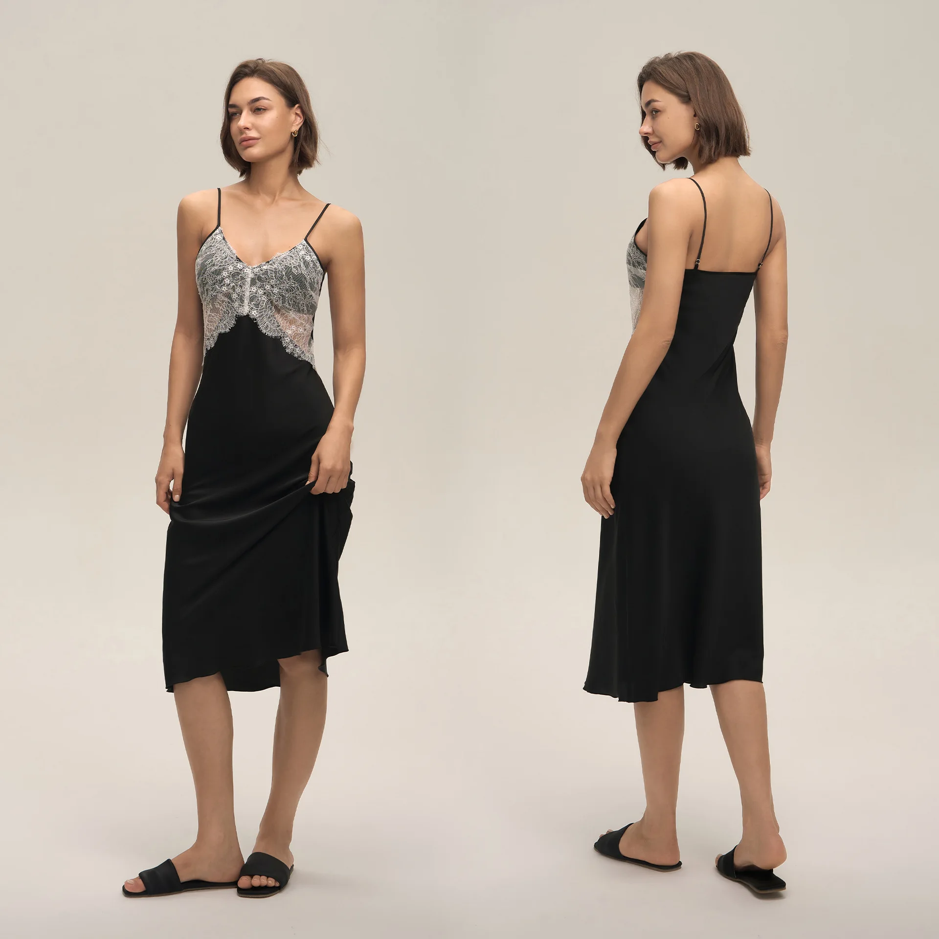 Summer sexy and comfortable nightdress satin chiffon lace stitching sling long skirt backless home clothes