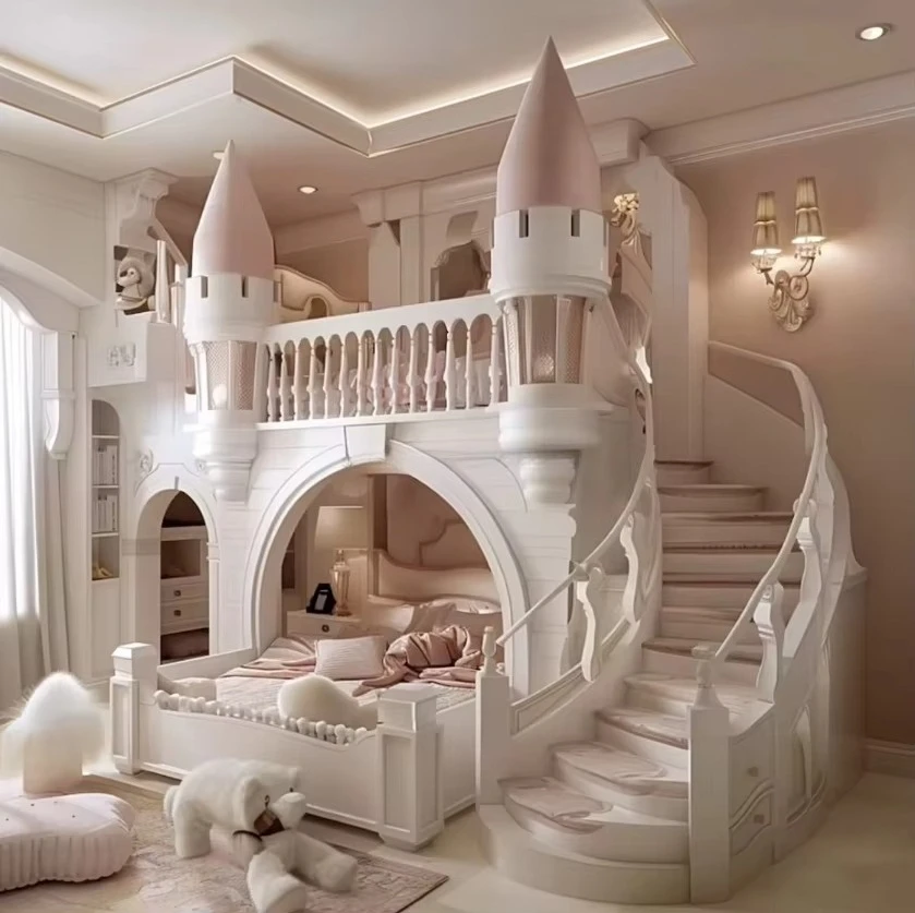 Dream Princess Castle Bunk Child Bed with Ladders Solid Wood Loft Bed For Children Kids Bedroom