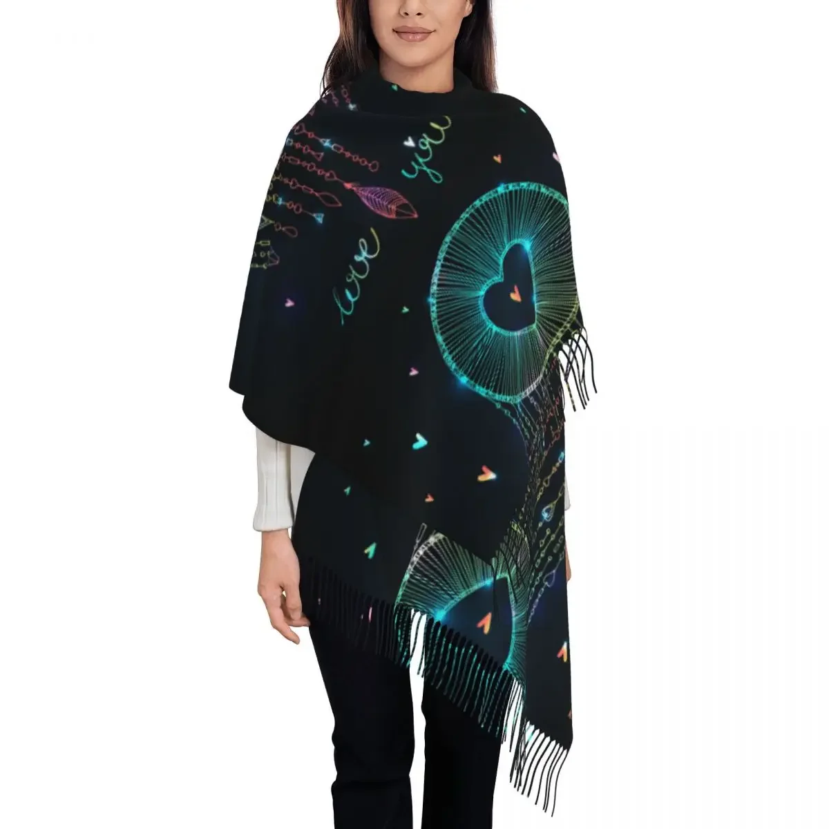 Valentines Day Sparkling Dream Catcher With Heart Shape Women's Pashmina Shawl Wraps Fringe Scarf Long Large Scarf