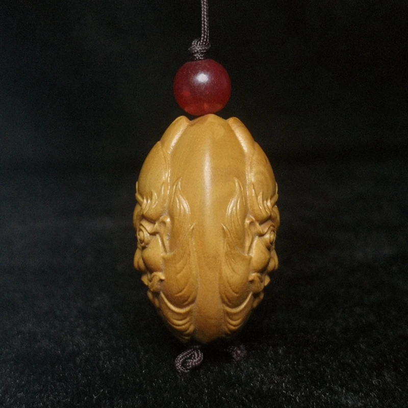 1919 Antique art Size 1.2 Inch Chinese Boxwood Wood Carved two-sided Zhong Kui Head Netsuke Pendant Gift Collection