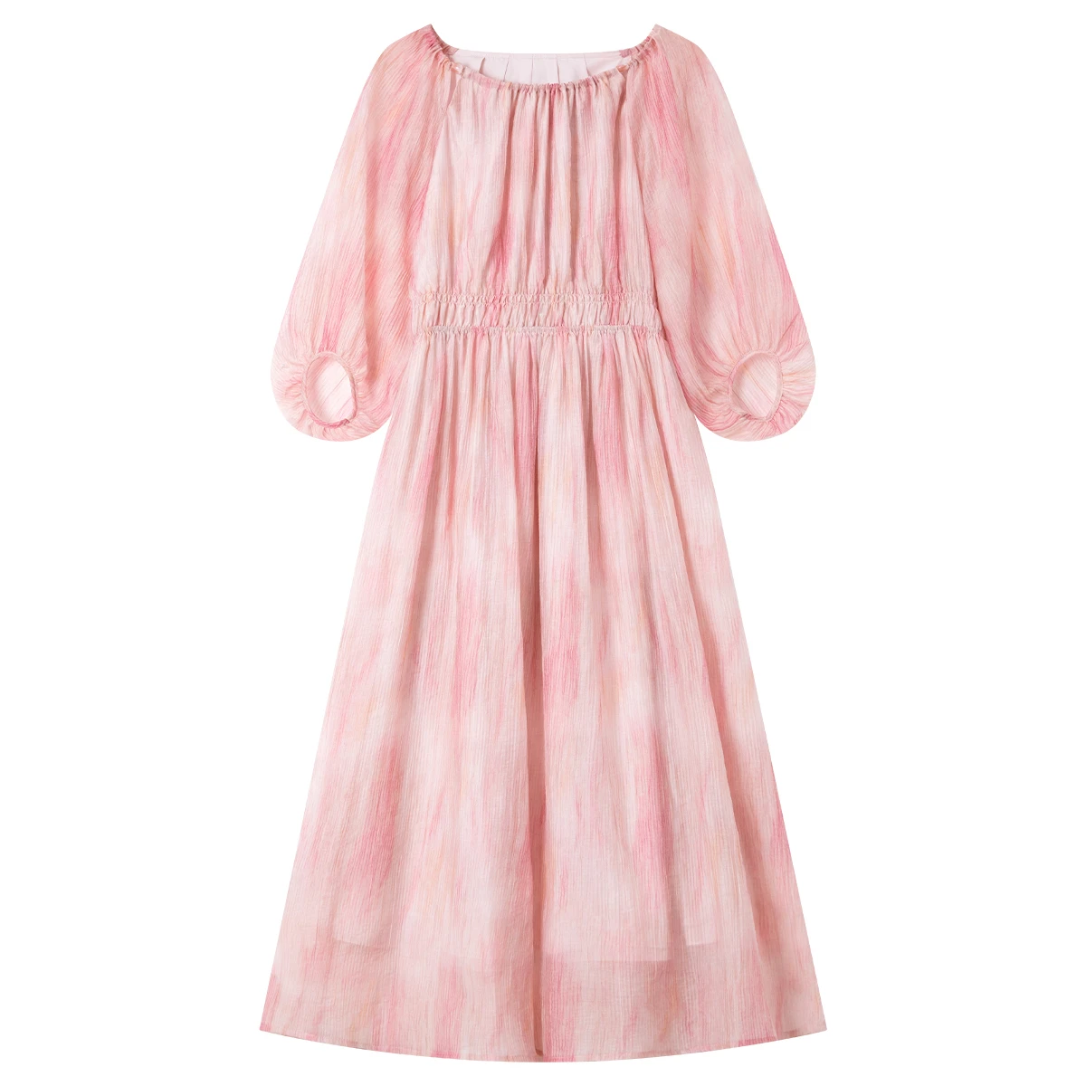 Women's Gradient Smudge Midi Dress - Puff Sleeve Draped Style