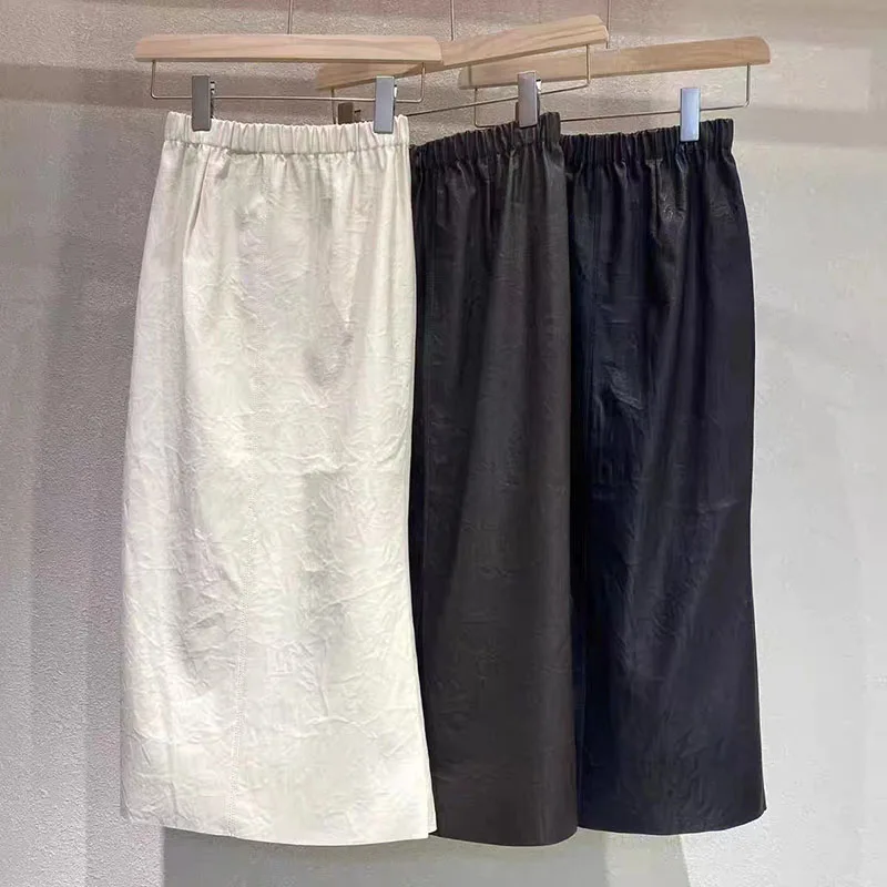 

White Stretch Leather Skirts for Women Spring Autumn High Quality Sheepskin Midi Waist Wrap Hip Fishtail Skirt Split Jupe Longue