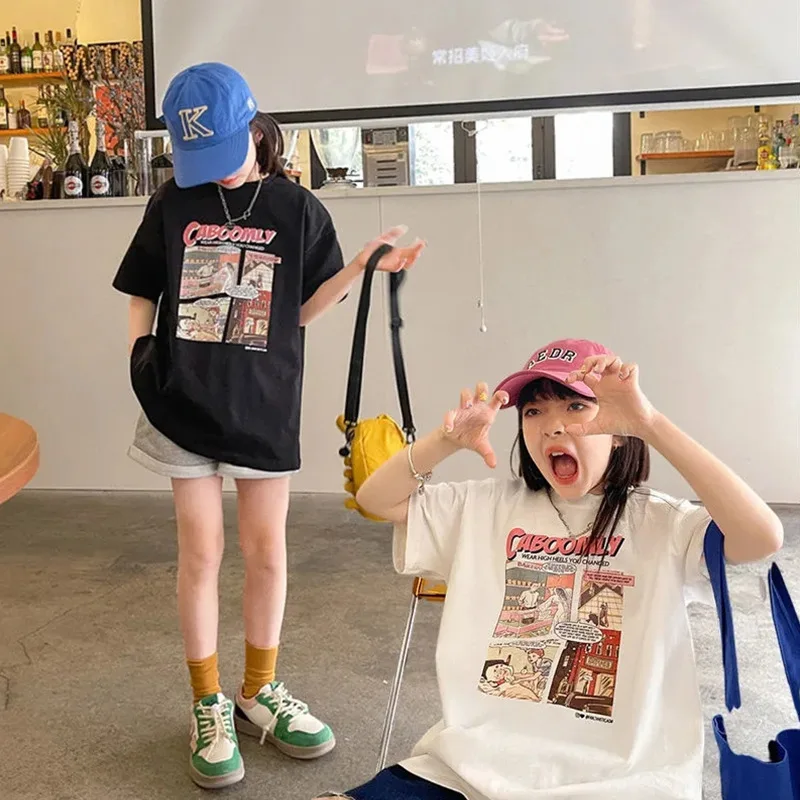 Camiseta holgada de algodón para niños y niñas, camiseta de manga corta de cómics de cuatro marcos, prendas de vestir exteriores para niños de 1 a