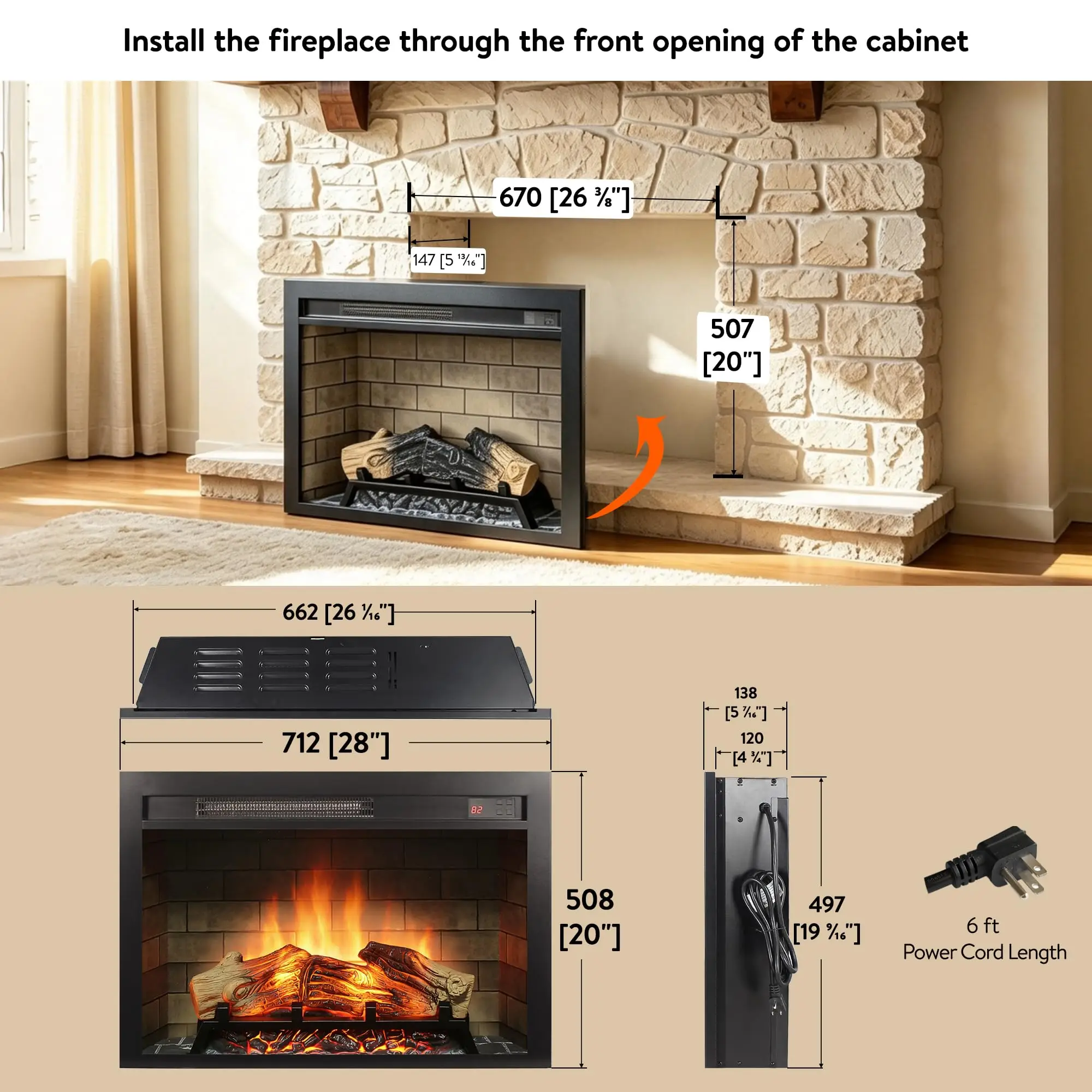 28 Inch Electric Fireplace Insert, Fireplace Heater with Remote