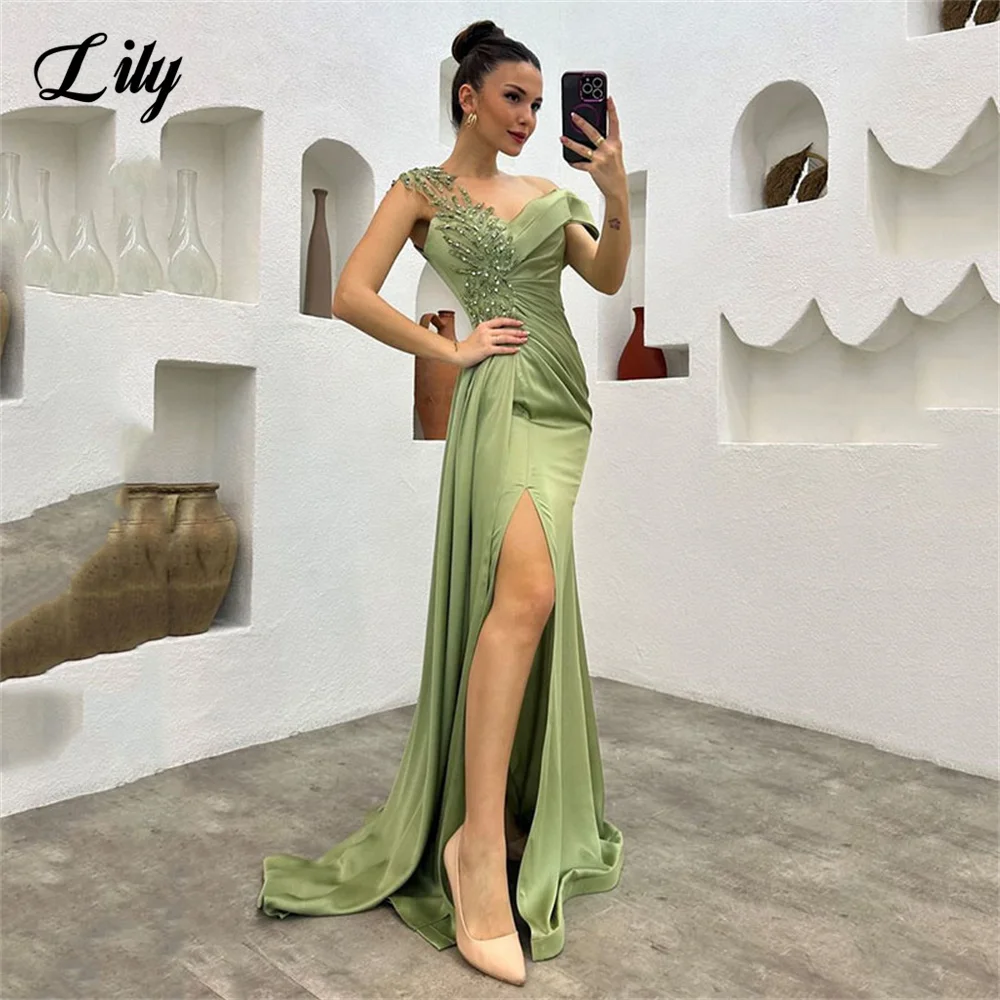 Vestido de fiesta de boda Sexy elegante con abertura lateral de lirio, vestidos de celebridades con cuentas y manchas, vestidos de trompeta para ocasiones especiales