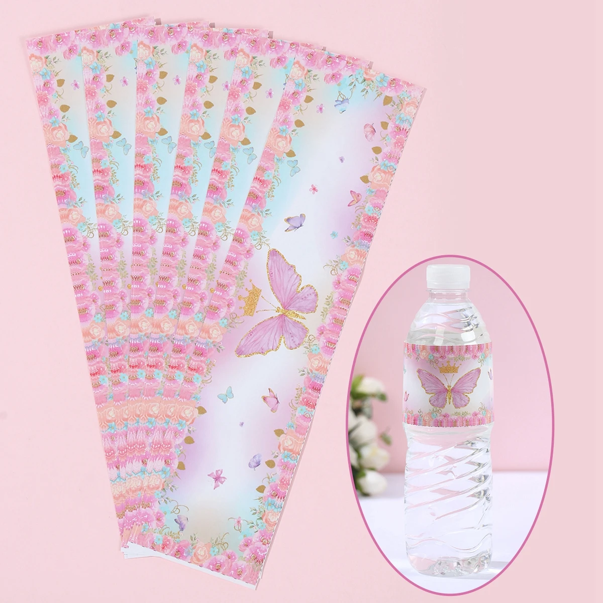 10pcs Pink Purple Butterfly Birthday Party Water Bottle Stickers Floral Bottle Labels Girl Happy Birhday Baptism Wedding Decor