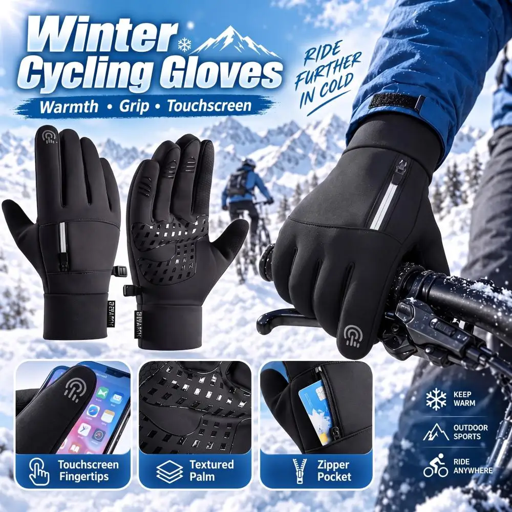 Reflective Zipper Pocket Winter Cycling Gloves Touchscreen Thermal Fleece Windproof for Men Women Outdoor Sports