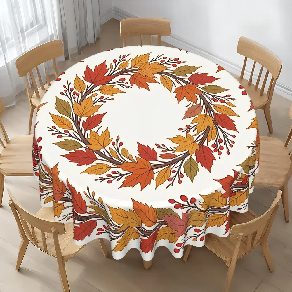 Round tablecloth suitable for the autumn Thanksgiving harvest table cover, decorated with autumn leaves and berries.xzj