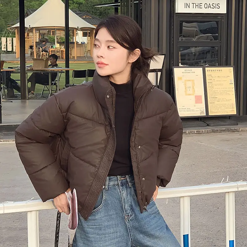 Women's Clothing PU Leather Crop Jacket No Washing Required Short Tops New Winter Warm Thicken Stand-up Collar Bread Cotton Coat