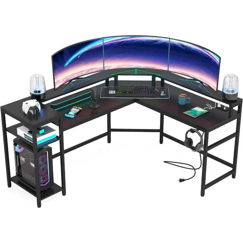 L Shaped Gaming Table: Computer Desk with Power Sockets and LED Light Bar, Modern Corner L Shaped Table with Storage Shelves