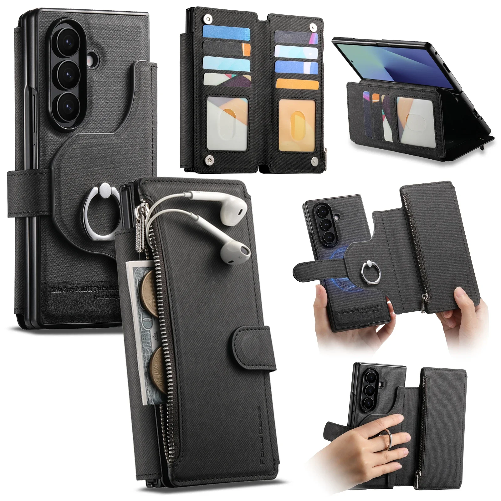 For Samsung Galaxy Z Fold 7 6 5 4 3 Case 2 in 1 Magnetic Leather Cards Solt Ring Holder Wallet Folding Shockproof Hard Back Case