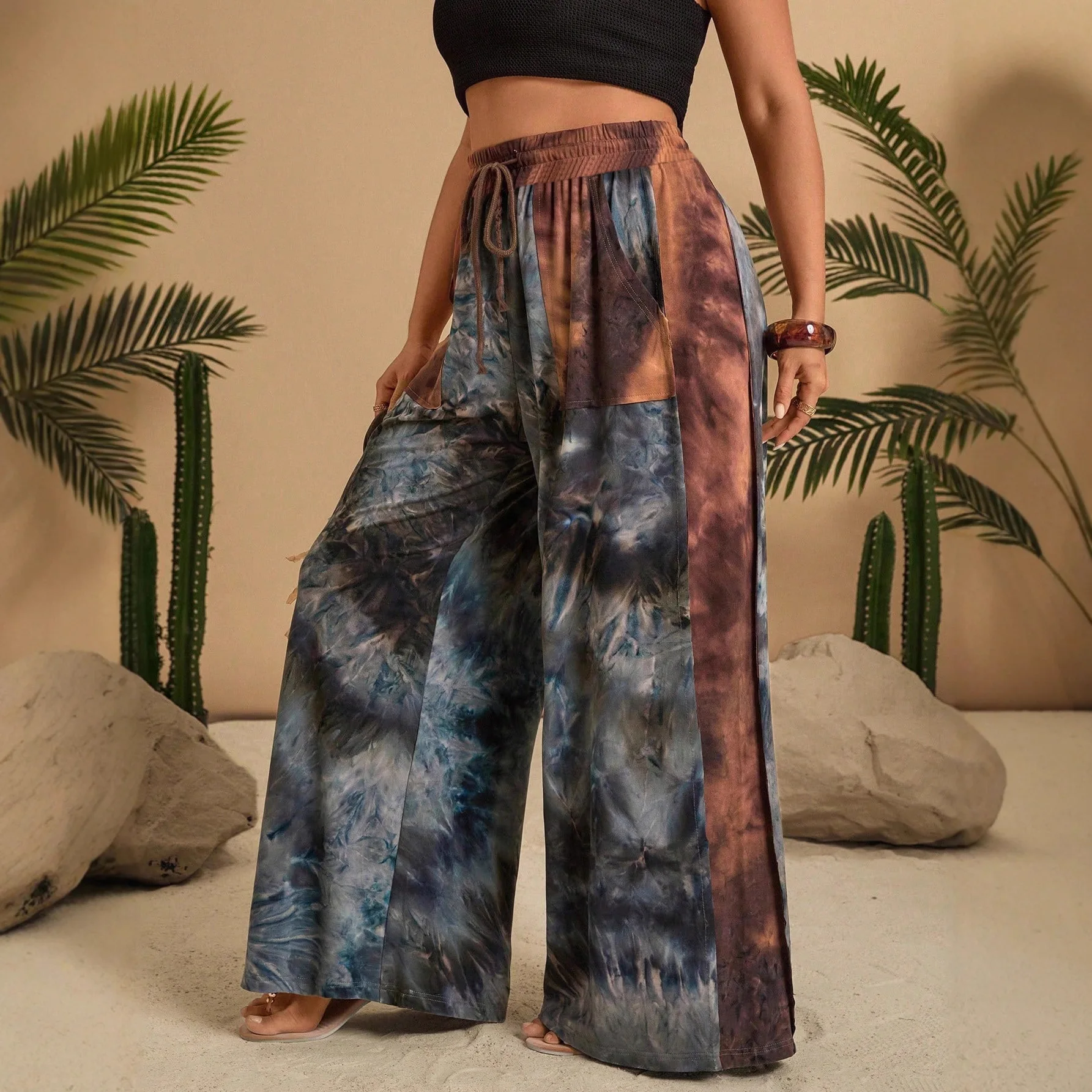 

2025 Women's Trendy Pants Elastic Waist Fashion Printed Pocket Drawstring High Street Resort Bohemian Wide Leg Pants