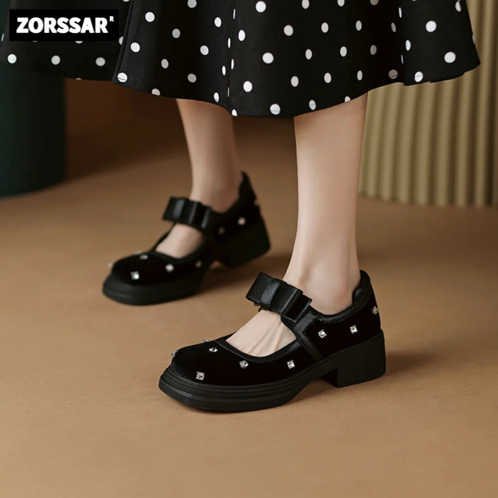 2024 New Velvet Women Mary Jane Shoes Woman Vintage Girls Low Heel Lolita Shoes Fashion Japanese Style College Student Shoes