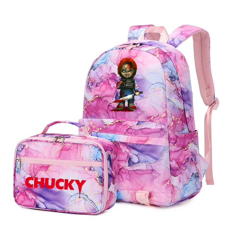 

2pcs Child's Play Chucky Multi Pocket Backpack with Lunch Bag Rucksack Casual School Bags for Student Teenagers Sets