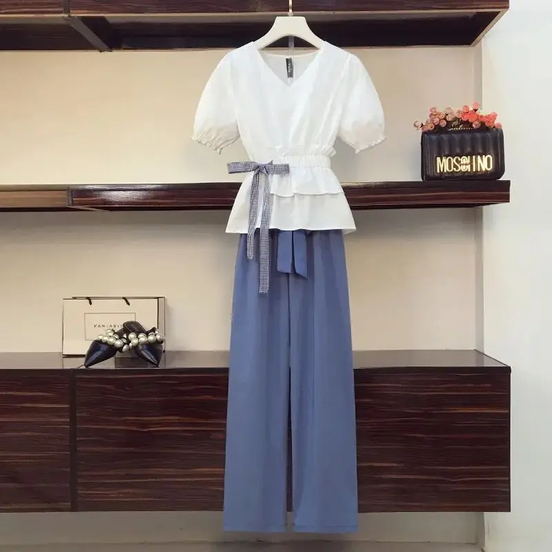 Two Piece Set White V-Neck Bow Lace Up Elastic Waist Shirt Blouses Blue High Waist Wide Leg Ankle-Length Pants Sets For Women