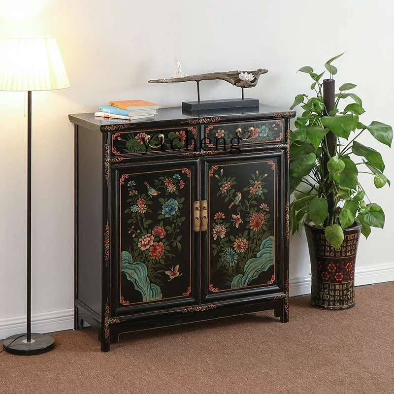 Tqh New Chinese Style Solid Wood Shoe Cabinet Painted Distressed Living Room Entrance Locker New Classical Sideboard Cabinet