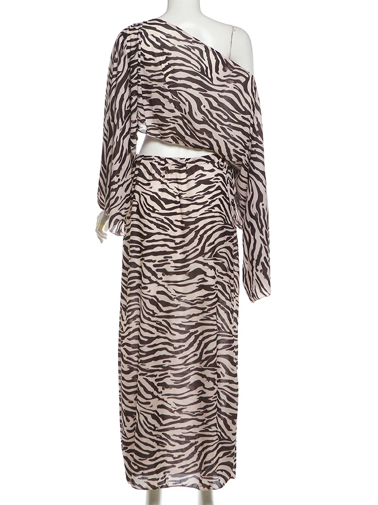 Weird Puss Leopardenmuster 2-teiliges Set Damen O-Ausschnitt Puffärmel Bauchfreies T-Shirt + Elastische Taille Lange Röcke Mode-Anzüge – Detail 5