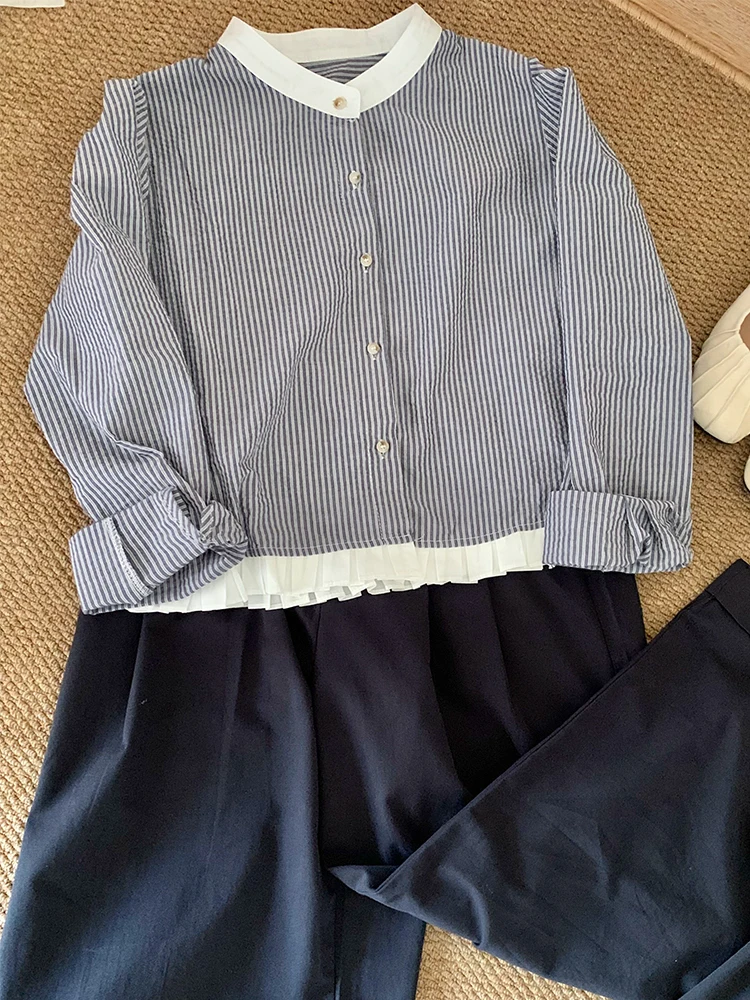 Blue Striped Long Sleeve Shirt Women's Early Autumn New Sweet Temperament Slimming Short Style Korean Version Office Commute