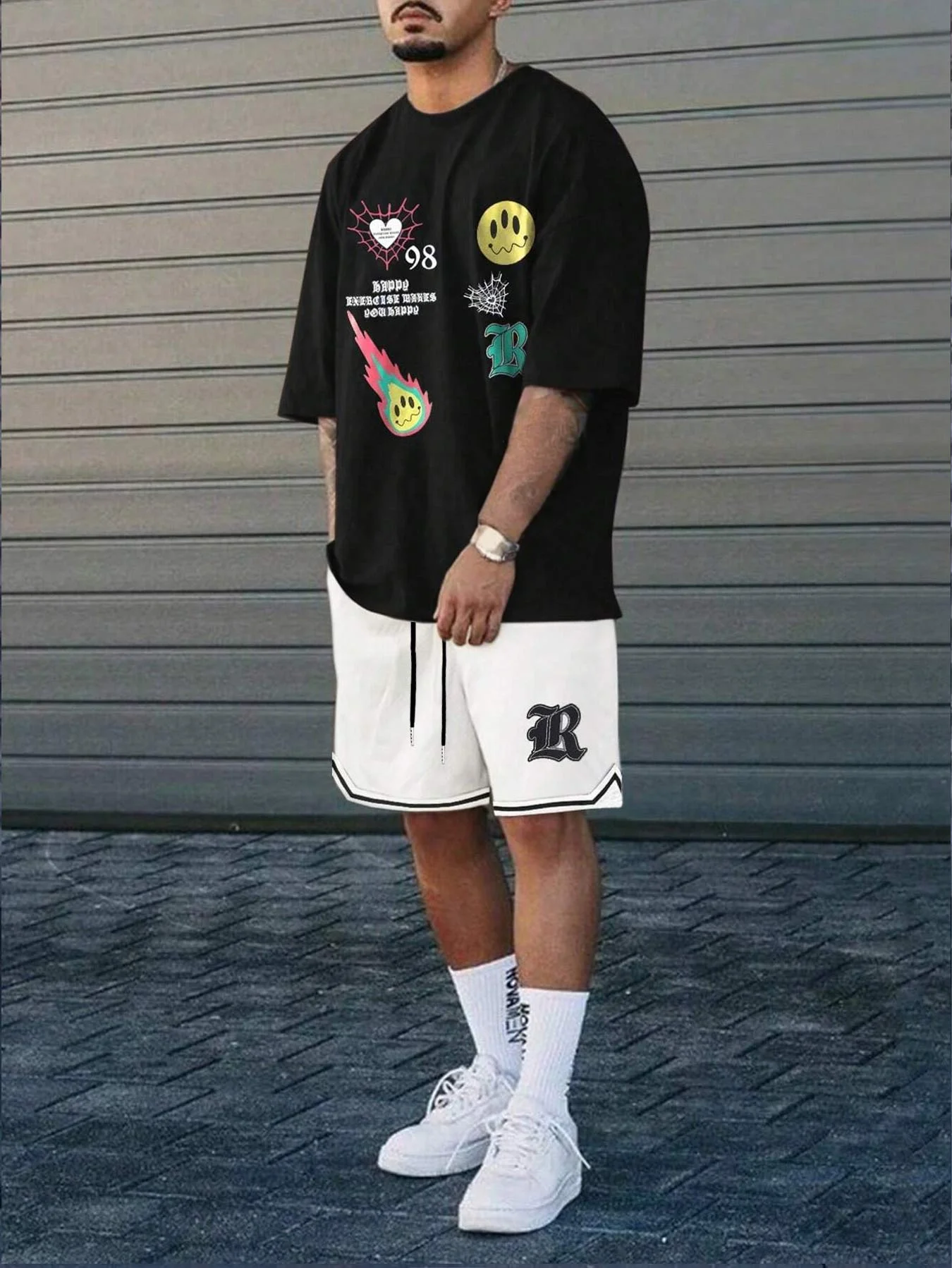 

Men's Summer Quick Dry Fashion Ghost Flame Letter Number Print Short Sleeve Shorts Set Drawstring Basketball Casual 2 Piece