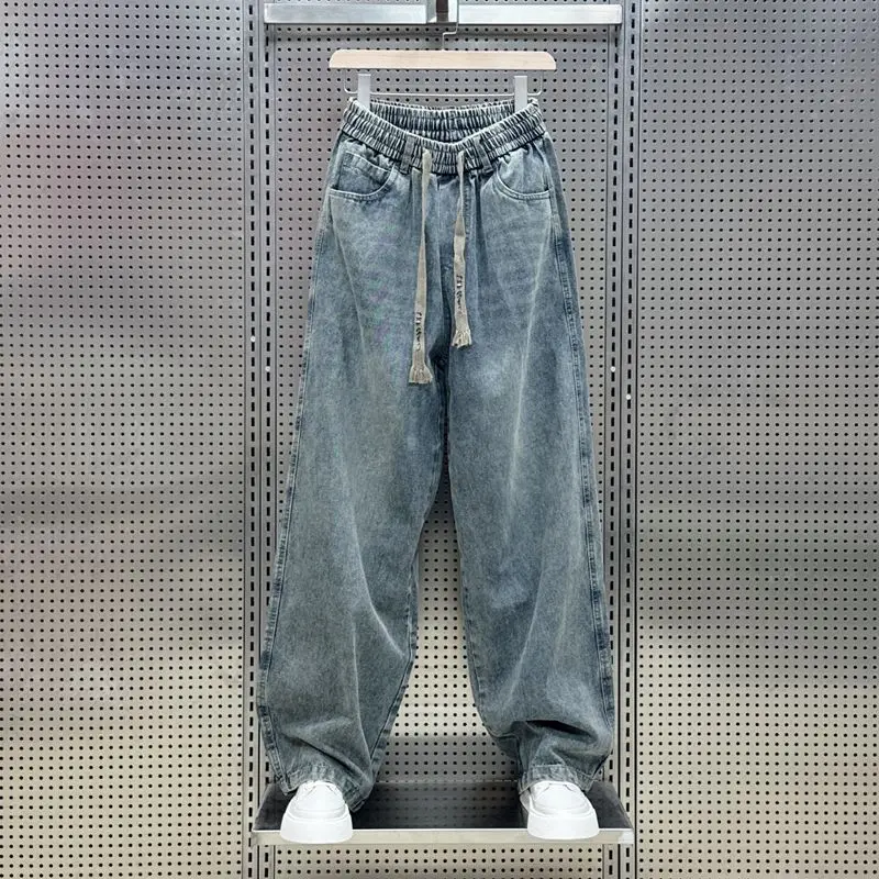 Japanese Style Men's Casual Straight Leg Jeans American Versatile High Street Loose Waist Pants Teenage Cotton Elastic Denim